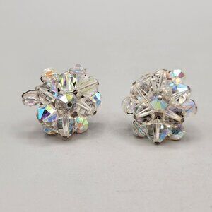 Vintage Clip On Earrings Aurora Borealis Bi-Cone Beads Lightweight Shimmery